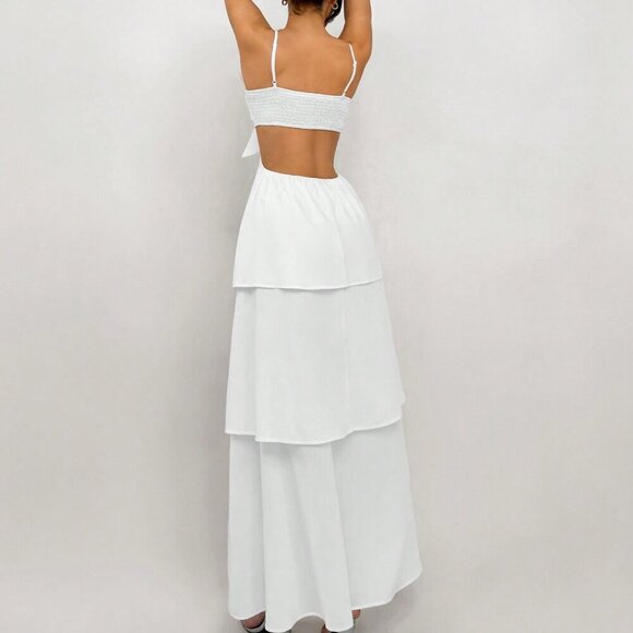 White Elegant Romantic Women's 3D Flower Strap Dress - Graduation/Wedding Season - Picture 3 of 5